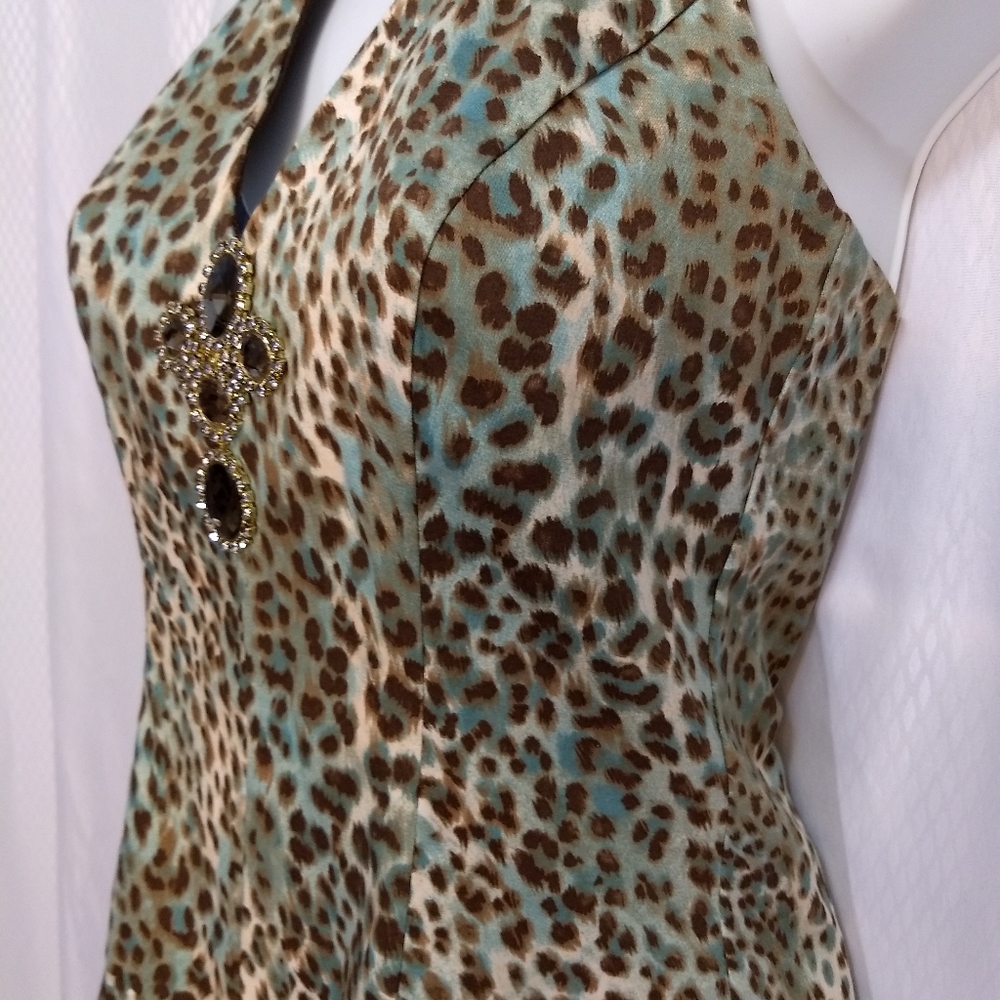Curtsey Summer Halter-Neck Party Dress, Aqua/Brown/Cream Animal Print, Size 8 - Picture 5 of 15